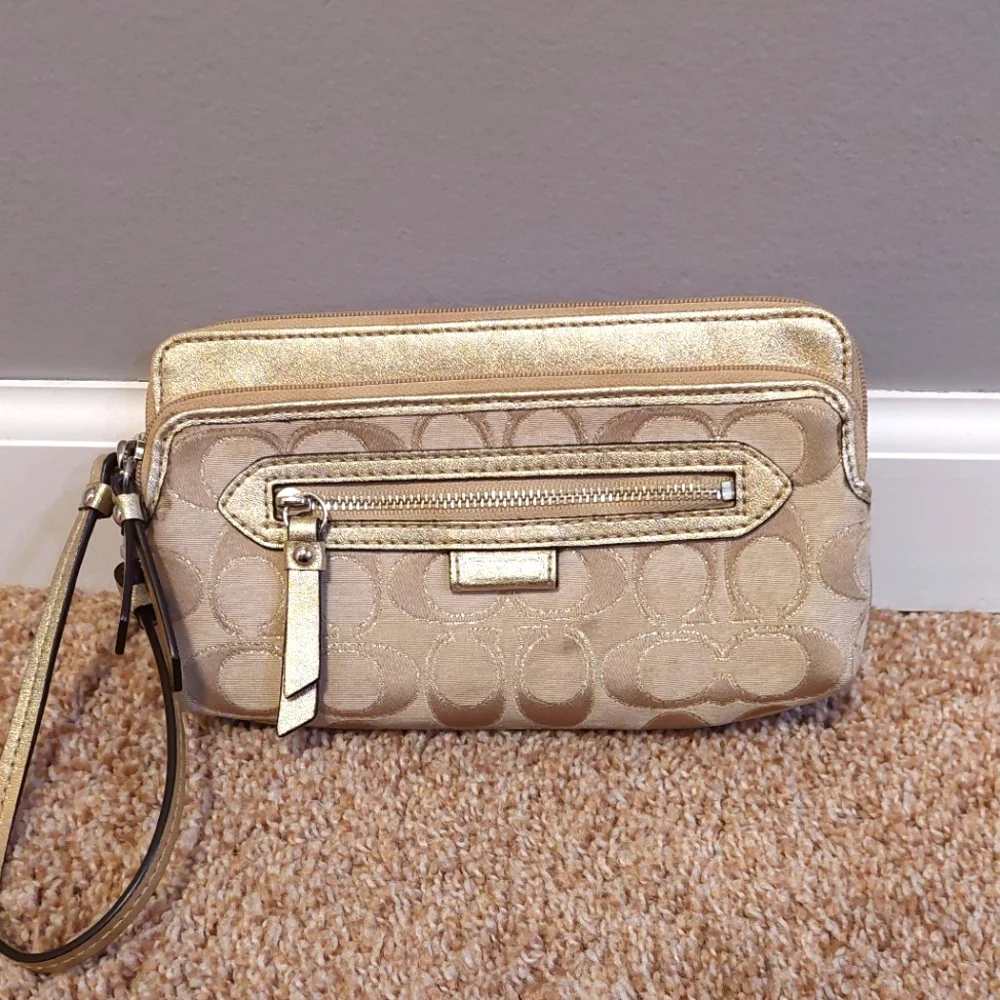 COACH Signature C Canvas and Metallic Leather 3 Pocket Large Wristlet